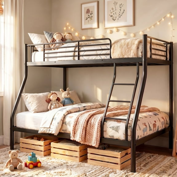 UIOWIO Twin over Full Metal Bunk Bed with Stairs & Storage, Heavy Duty Bed Frame for Adults & Teens, No Box Spring Needed, Black