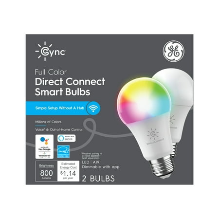 GE CYNC Smart LED Light Bulbs, Full Color, Bluetooth and Wi-Fi Enabled, Alexa and Google Assistant Compatible, No Hub Required, Medium Base (2 Pack)