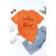 thumbnail image 4 of ABPHQTO Camiseta de manga corta con estampado de letras de cerveza y vaqueros naranja para mujer, 4 of 5