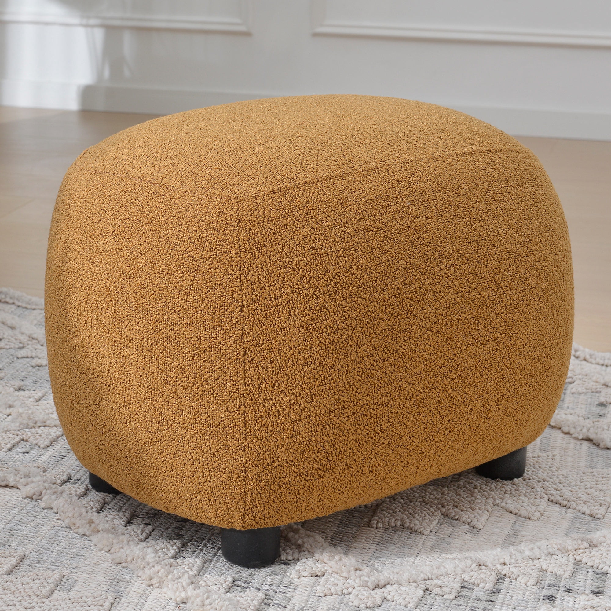 Round Boucle Upholstered Ottoman Chair, Footstool with Soft Padded Seat, Fully Assembled Modern Sofa Couch Footrest, Extra Seating for Bedroom Entryway, Brown(18.5" D x 23" W x 16.5" H)