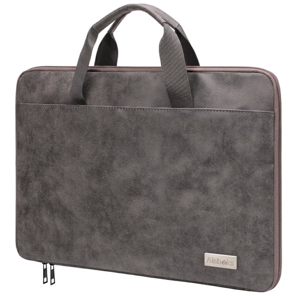 Aisboks Premuim 15.6''-16''Laptop Bag, 180°Full Opening Vegan PU Leather Laptop Case, Slim Laptop Sleeve with Luggage Strap&Accessory Pocket, Grey,Father's Gift
