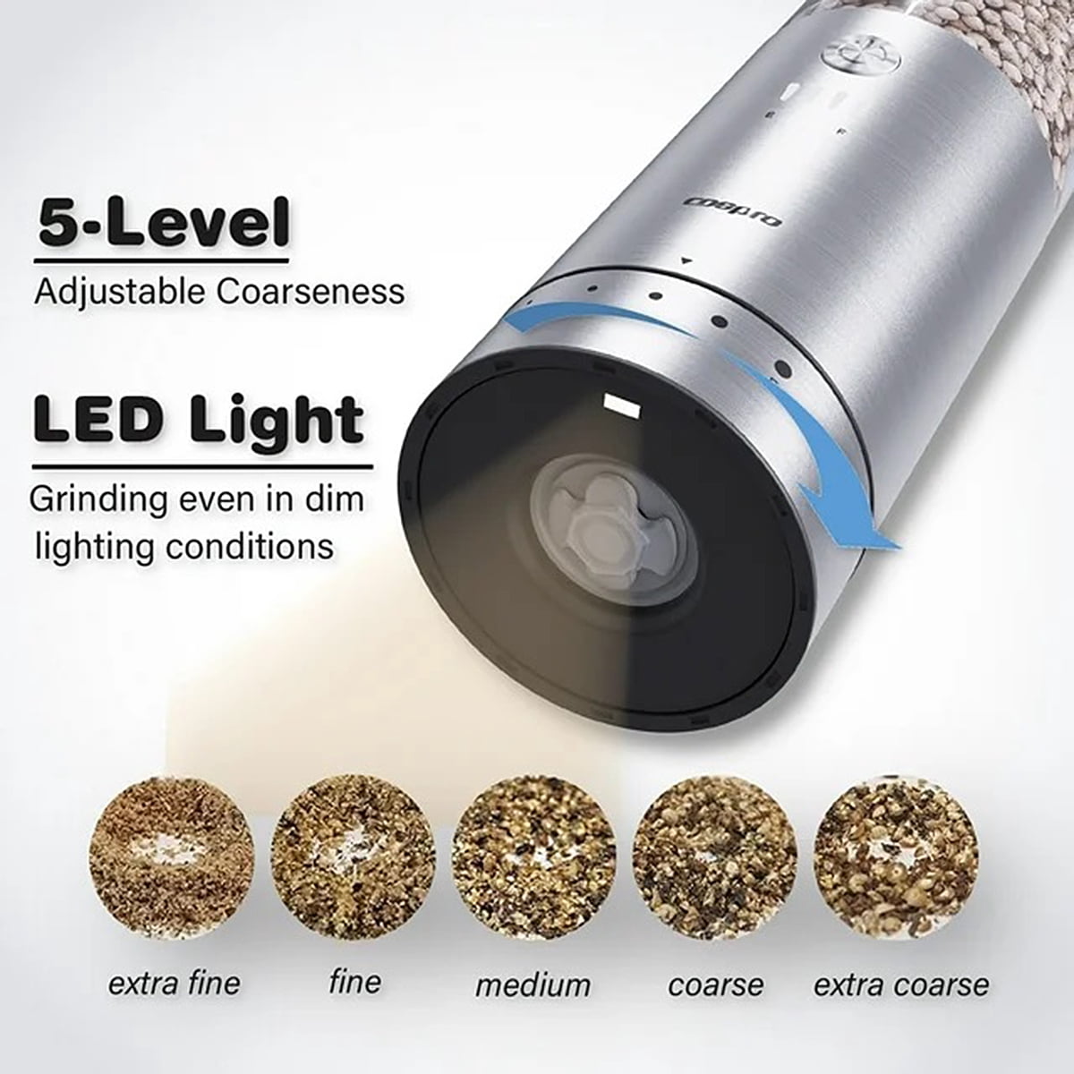 COSPRO 5-in-1 Wireless Charging Electric Salt and Pepper Grinder Set, Rechargeable Automatic Stainless Steel Spice Mill Set - One-Hand to Operate, Adjustable Coarseness, Easy Cleaning