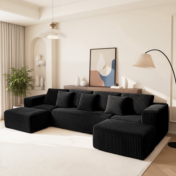 132" Cloud Couch, Black U-Shaped Sectional Sofa For Living Room, Modular 4-Seater Chaise Lounge with Reversible Design, Striped Corduroy Fabric, No Assembly