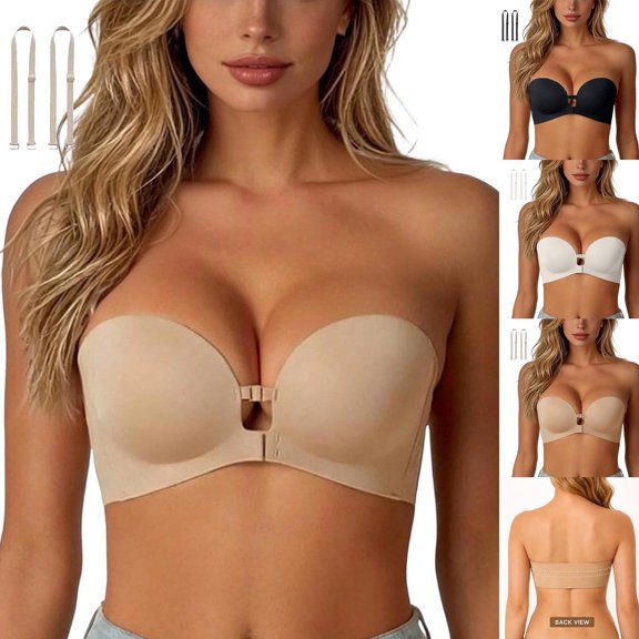 Strapless Bra Push up, Strapless Bra Wireless Front Closure Push up Padded Non Bra with Detachable Shoulder Straps, Invisible Strapless Bras for Women