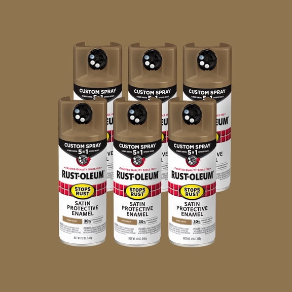 6 Pack, Dark Taupe, Rust-Oleum Stops Rust Custom Spray 5 in 1 Satin Spray Paint-376878, 12 oz