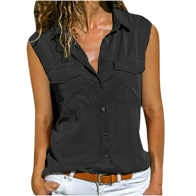 Pompotops Women Casual Solid Sleeveless Turn Down Collar Pockets Buttons Shirt Tops