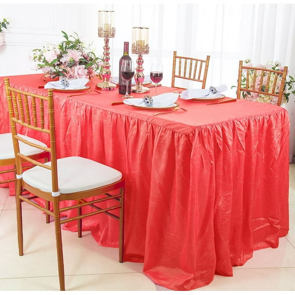 Wedding Linens Inc. 8' (96"x30") Rectangular Ruffled Fitted Crushed Crinkle Taffeta Tablecloth With Skirt - Coral