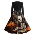thumbnail image 6 of Women's Halloween Dress Ghost Hepburn Long Sleeve Fall Swing Dress Skeleton Cocktail Crew Neck Retro Tea Length Dress with Belt 2XL, 6 of 6