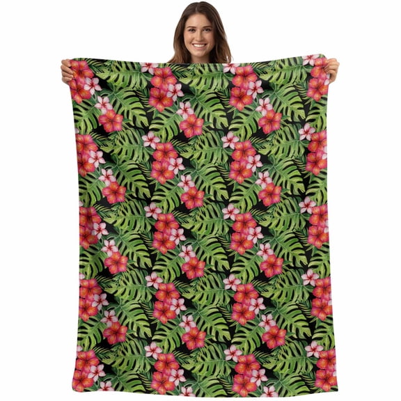 Flannel Fleece Throw Blanket Watercolor Flower Plumeria Monstera Leaf Lightweight Soft Plush Blankets,Summer Tropical Plant Cozy Warm Throw Blanket for Couch Sofa Bed Car Office 40x50in