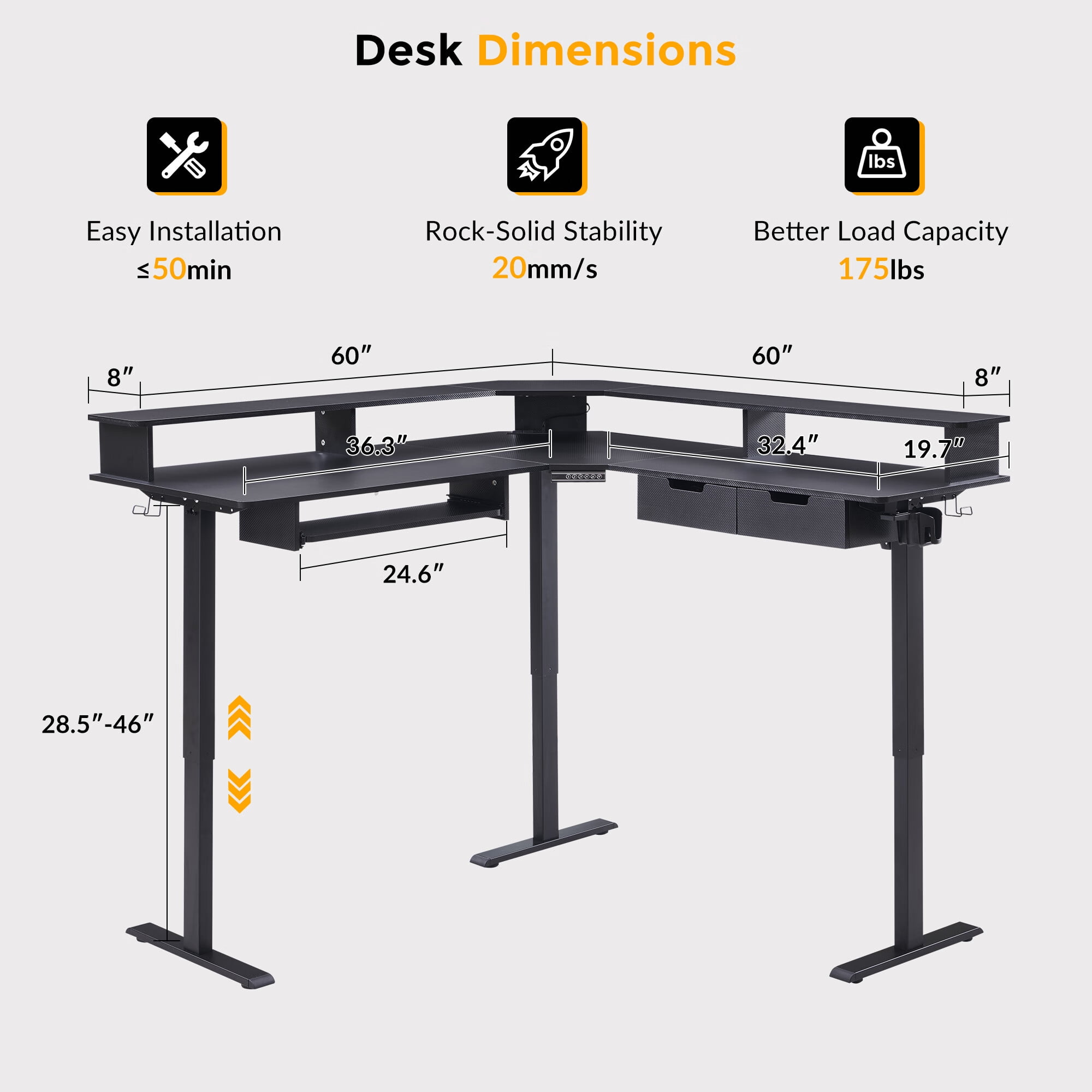 OKD 60" Electric Standing Desk with LED Strip & Power Outlets, L-Shaped Corner Desk with Shelves & Keyboard Tray, Adjustable Height Computer Desk, Carbon Fiber Black