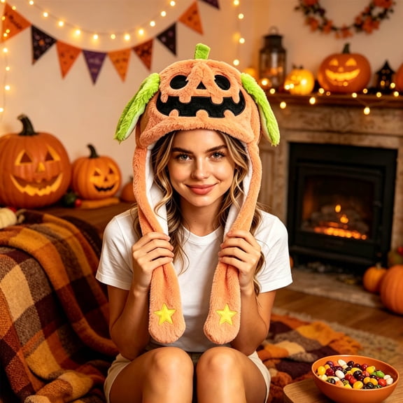 Halloween Pumpkin Moving Ear Plush Hat Soft Fuzzy Novelty Headwear for Holiday Party Fun Dress Up