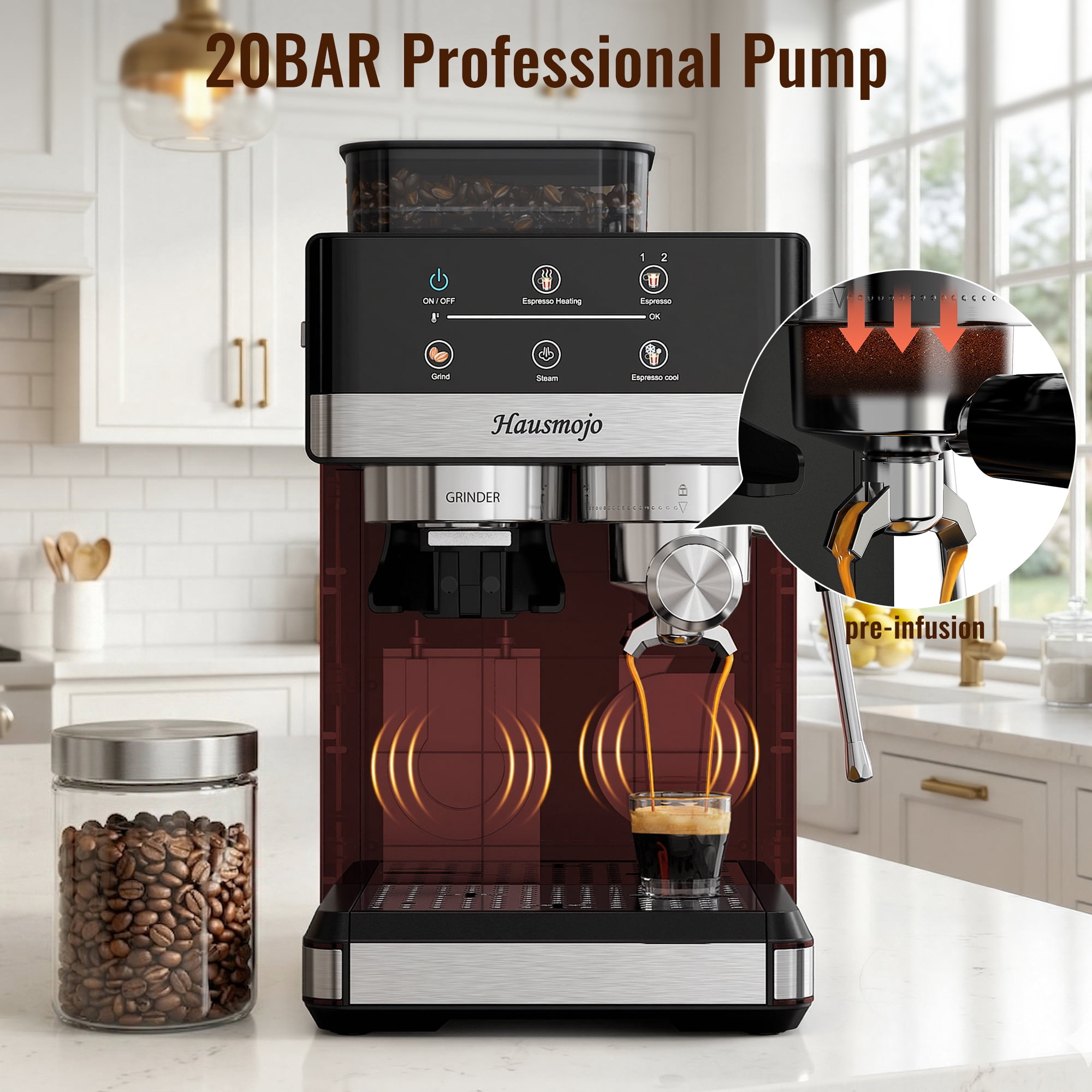 Hausmojo 5520 Espresso Machine with Grinder, Cold Brew & Milk Frother, 20-Bar Semi-Automatic for Latte & Cappuccino, Adjustable Grind & Volume