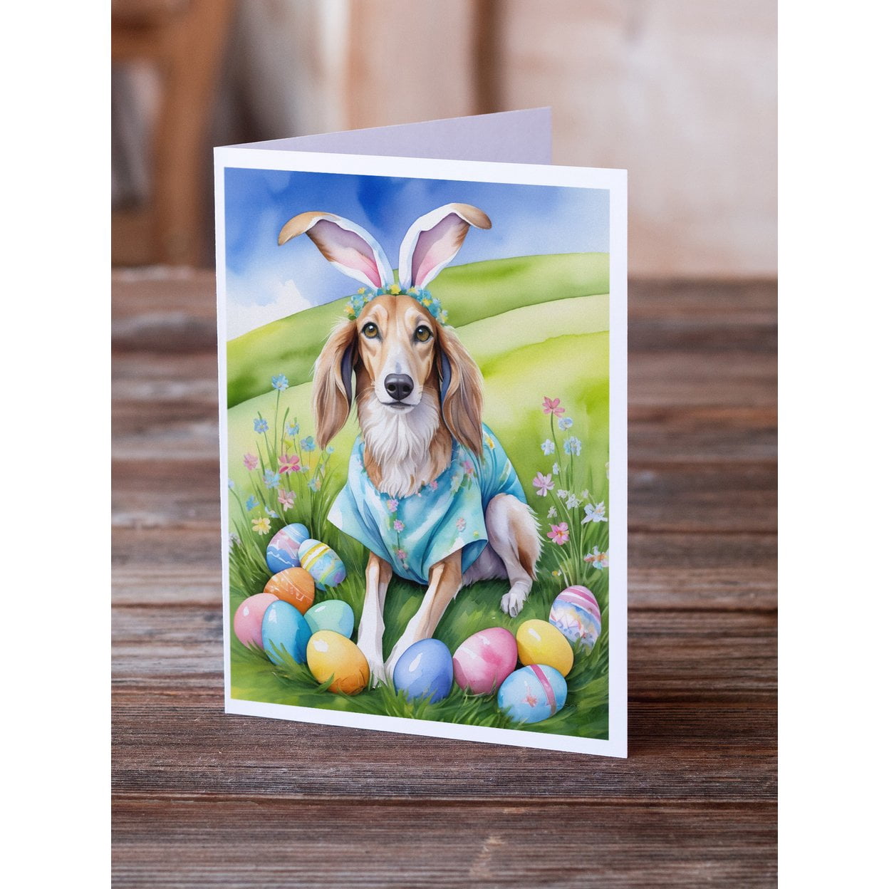 Saluki Easter Egg Hunt Greeting Cards Pack of 8 7 in x 5 in