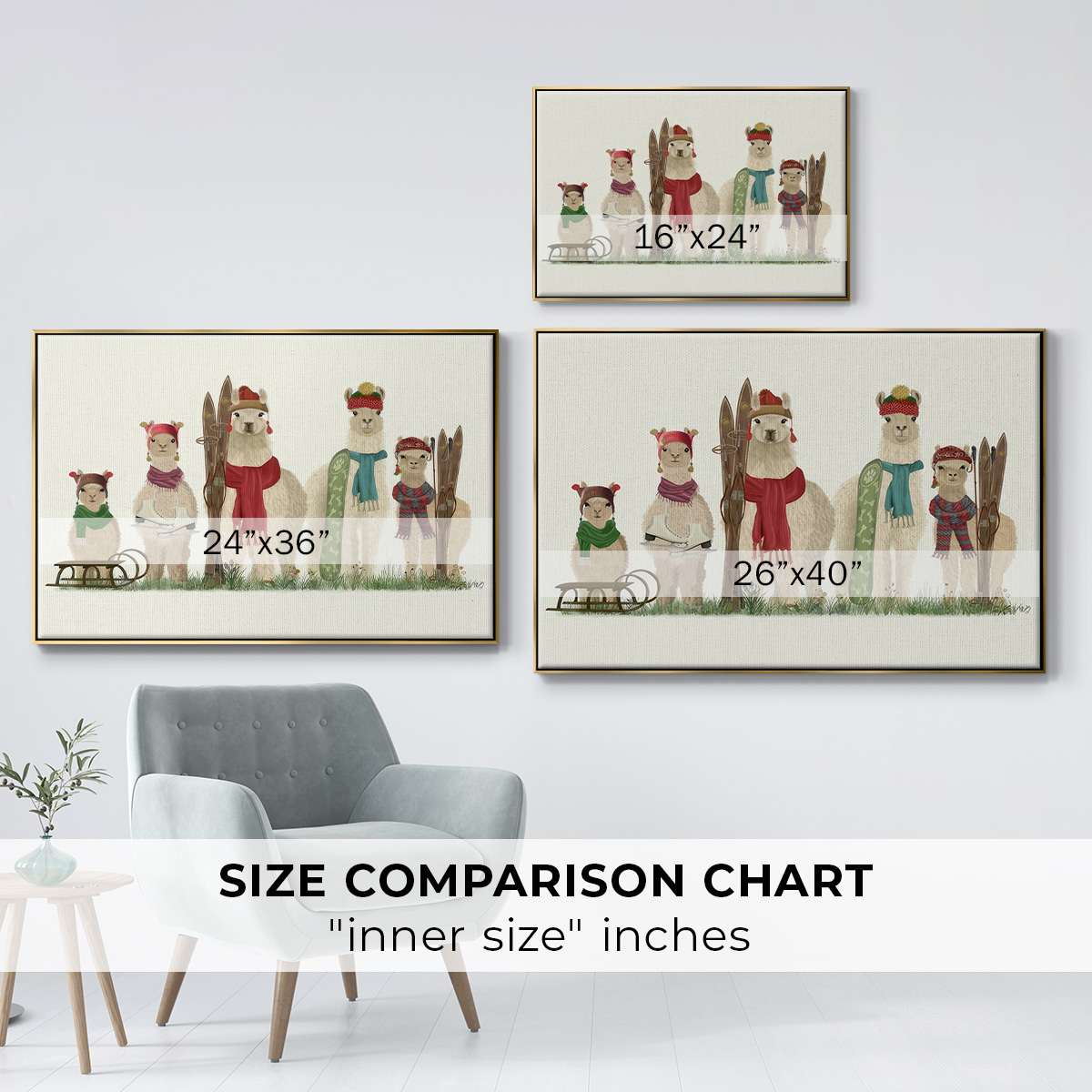 Llama Family Winter Sports - Framed Gallery Wrapped Holiday Canvas - 17 x 25 - Gold Frame