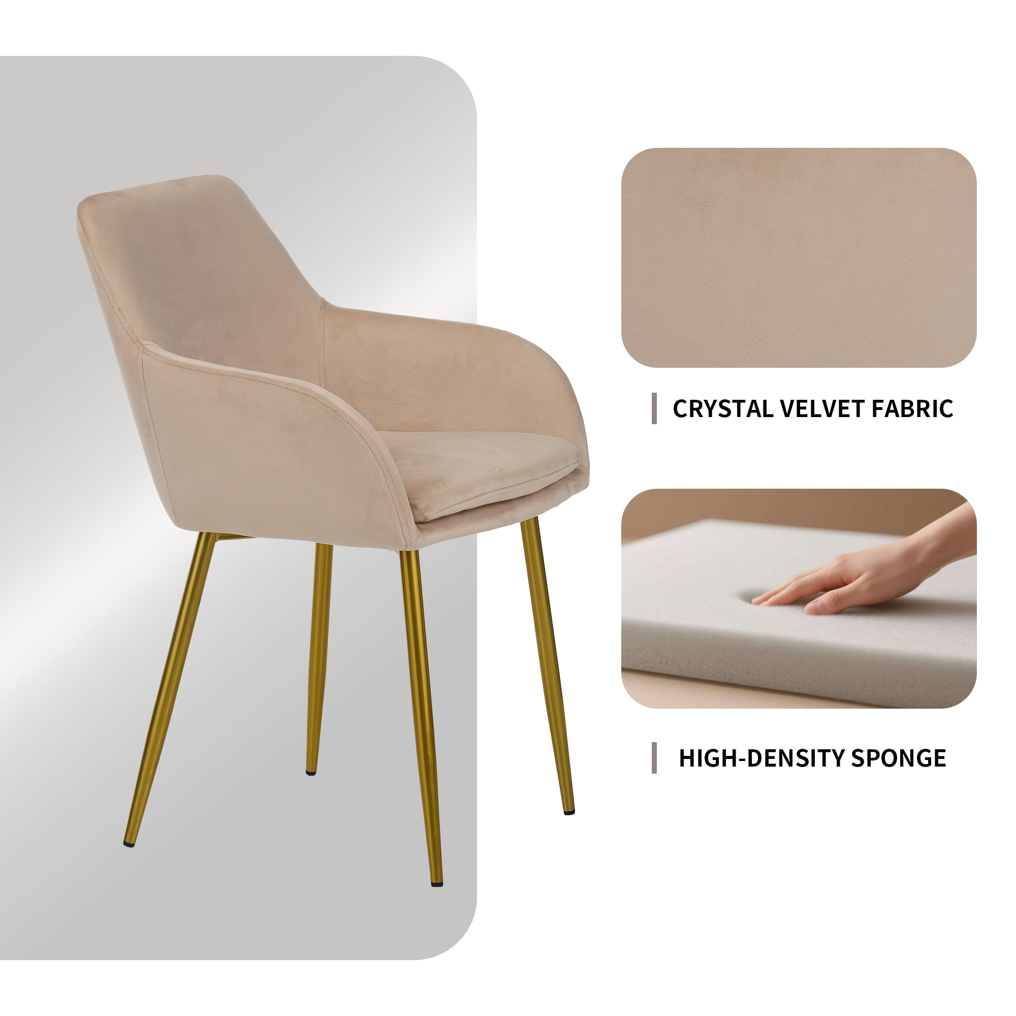 Velvet Dining Chair Set of 2, Modern Padded with Gold Metal Legs, for Dining Rooms Kitchens Vanity Tables Living Room, Easy Assembly, Beige