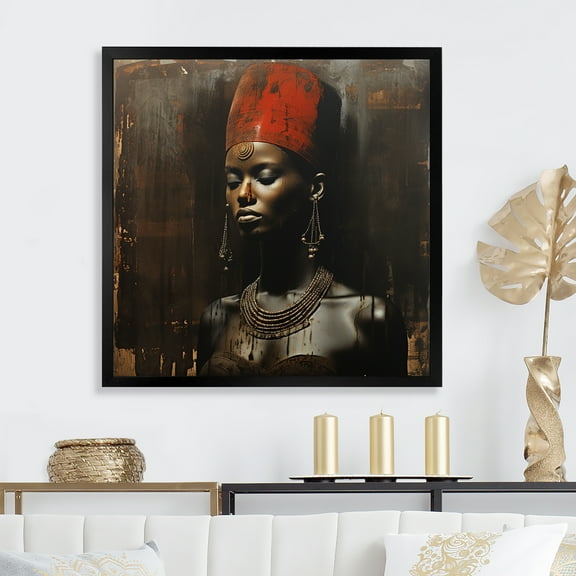 Designart "Diva African American Woman in Black and Red II" Fashion Framed Wall Art Decor - Glam Gold Woman Egyptian Entryway Framed Wall Art Print
