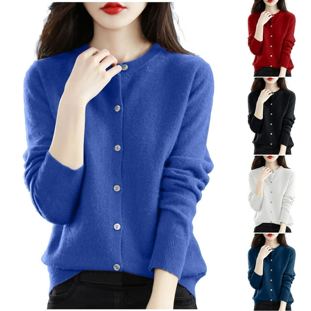 Sentmoon Chandails d'Automne pour Femmes Grande Taille Col Rond Manches Longues Cardigan Femme Couleur Unie Chaud Ample Tricoté Tenues d'Automne pour Femmes Mode Hiver pour Fête de Vacances Tricot