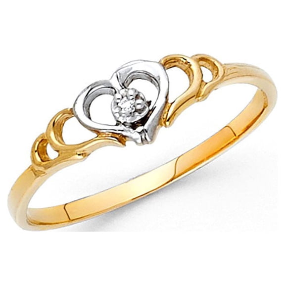 14k Two Tone Italian Solid Gold Round CZ Shadow Framed Heart Ring 5mm
