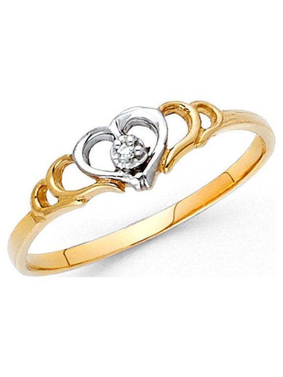 14k Two Tone Italian Solid Gold Round CZ Shadow Framed Heart Ring 5mm