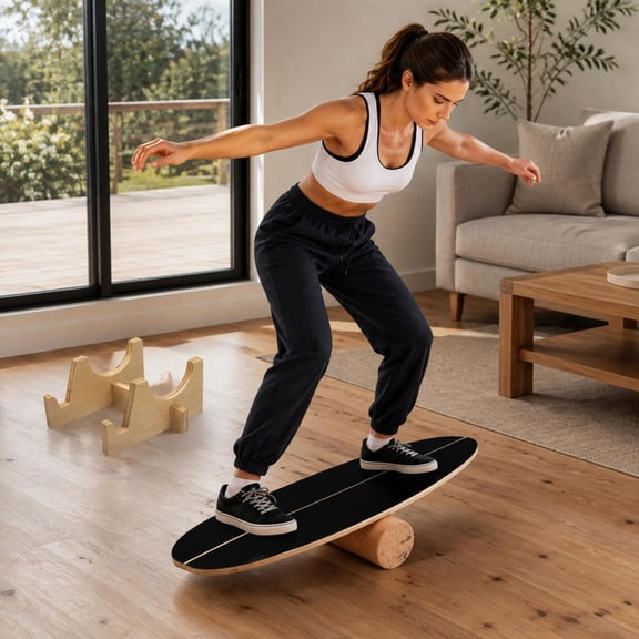 Wooden Balance Board with Cork Roller and Storage Rack for Balance, Core Training, and Indoor or Outdoor Use