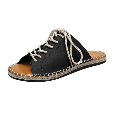 CHOII 50% off Clearance Women s Roman Leisure Large Size Peep Toe Hemp Lace-Up Slipper Sandals Shoes Thong Sandals Slide Sandals for Ladies Cushionaire Sandals Summer Sandals for Women 2024 Black/5.5