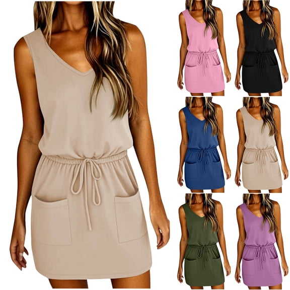 Hrsba Womens Summer Sleeveless Dress,Plus Size Casual Dress for Womens,Women's Summer Sexy Fashion Solid Color Sleeveless V-Neck Bandage Pocket Dress