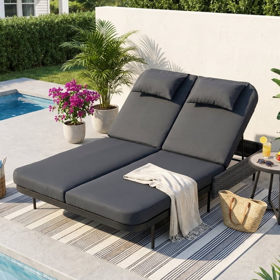 RADIATA 51.2" Wide 2-Person Outdoor Double Chaise Lounge Daybed, PE Wicker Patio Sunbed with 6-Position Backrests, 4.1" Cushions, Dark Gray