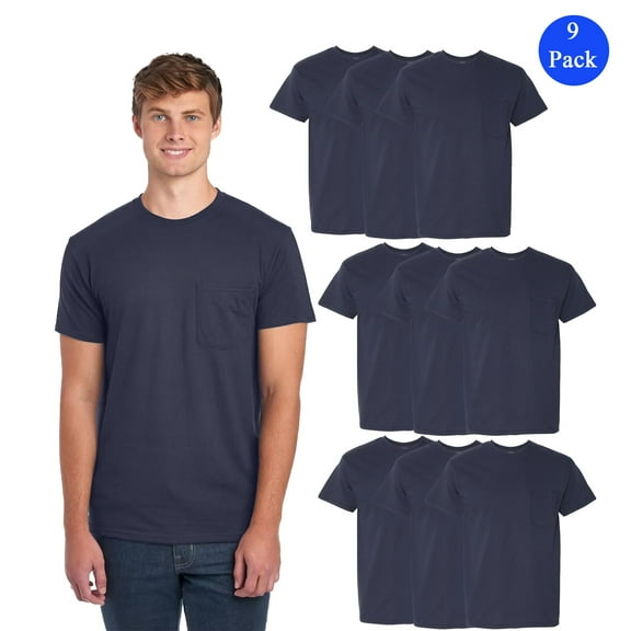 Gildan Heavy Cotton T-Shirt, Men's 9 Pack Short Sleeve Pocket Shirt, Navy Crew Tee, S