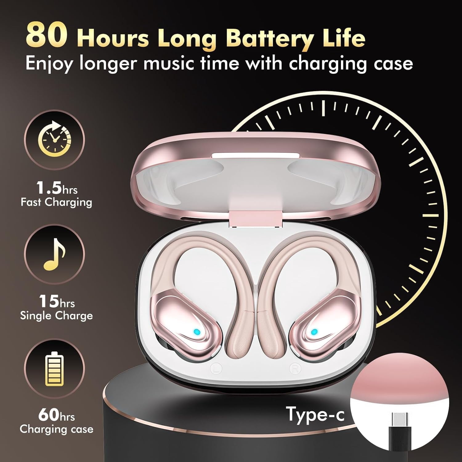 Bluetooth 5.4 Sports Headphones 80Hrs Playtime Wireless Earbuds with LED Power Display IPX7 Waterproof Earphones for Workout/Running Noise Canceling Headset Ear Buds