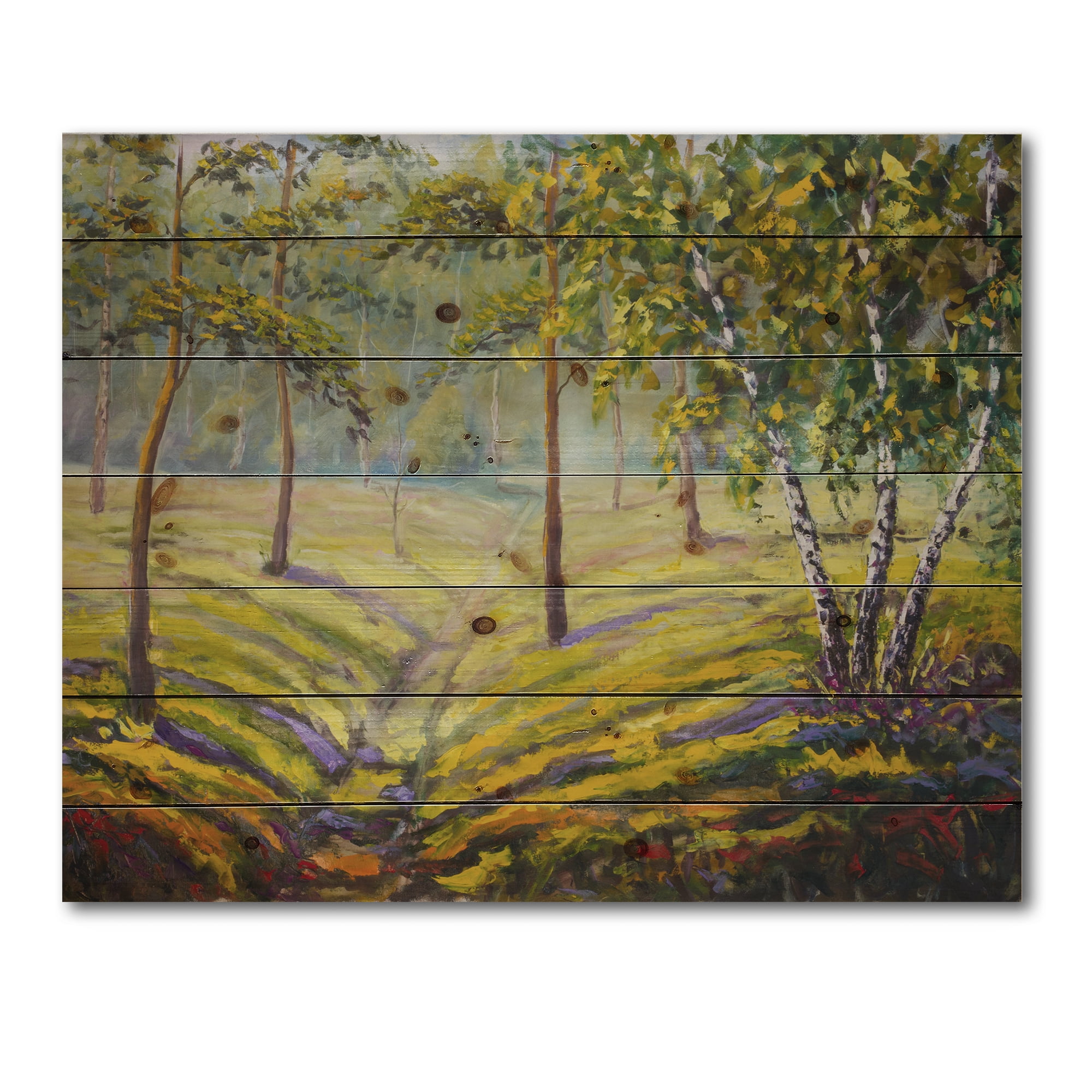 Designart 'Bushes and Pine Trees In The Forest II' Traditional Print on Natural Pine Wood