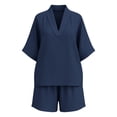thumbnail image 4 of Cagogo Women Plus Size 2 Piece Set V Neck 3/4 Sleeve Shirt Shorts Casual Solid Loose Travel Outfits Lounge Tracksuits Summer Cruise Clothes Matching Lounge Sets, Navy 3XL, 4 of 8