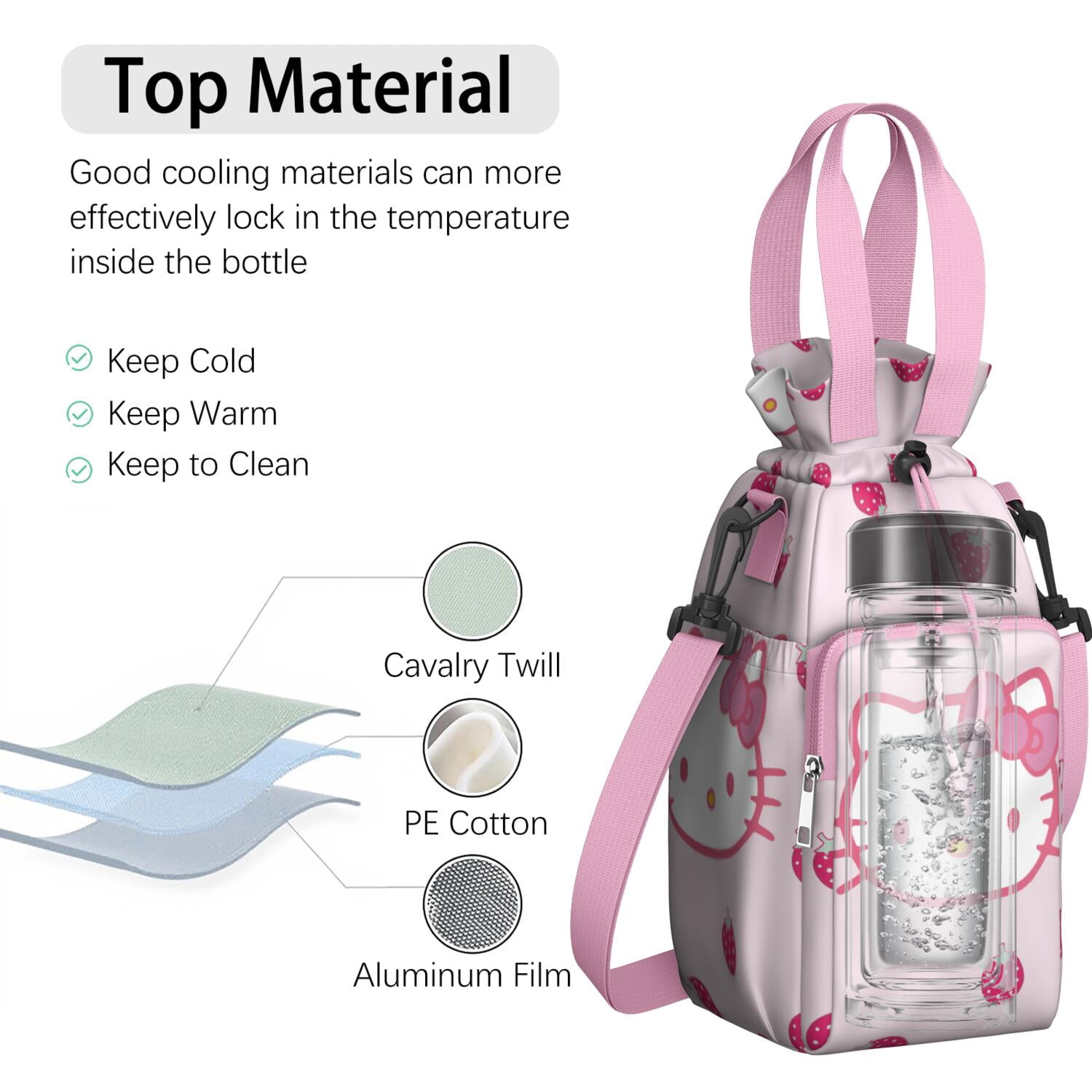 Insulated Water Bottle Carrier Bag Sleeve with Strap Crossbody for 20/24/32/40oz Tumbler,Hello Kawaii Cat Cute Water Bottle Holder Sling Bag with Pocket Gifts for Women Men Adults