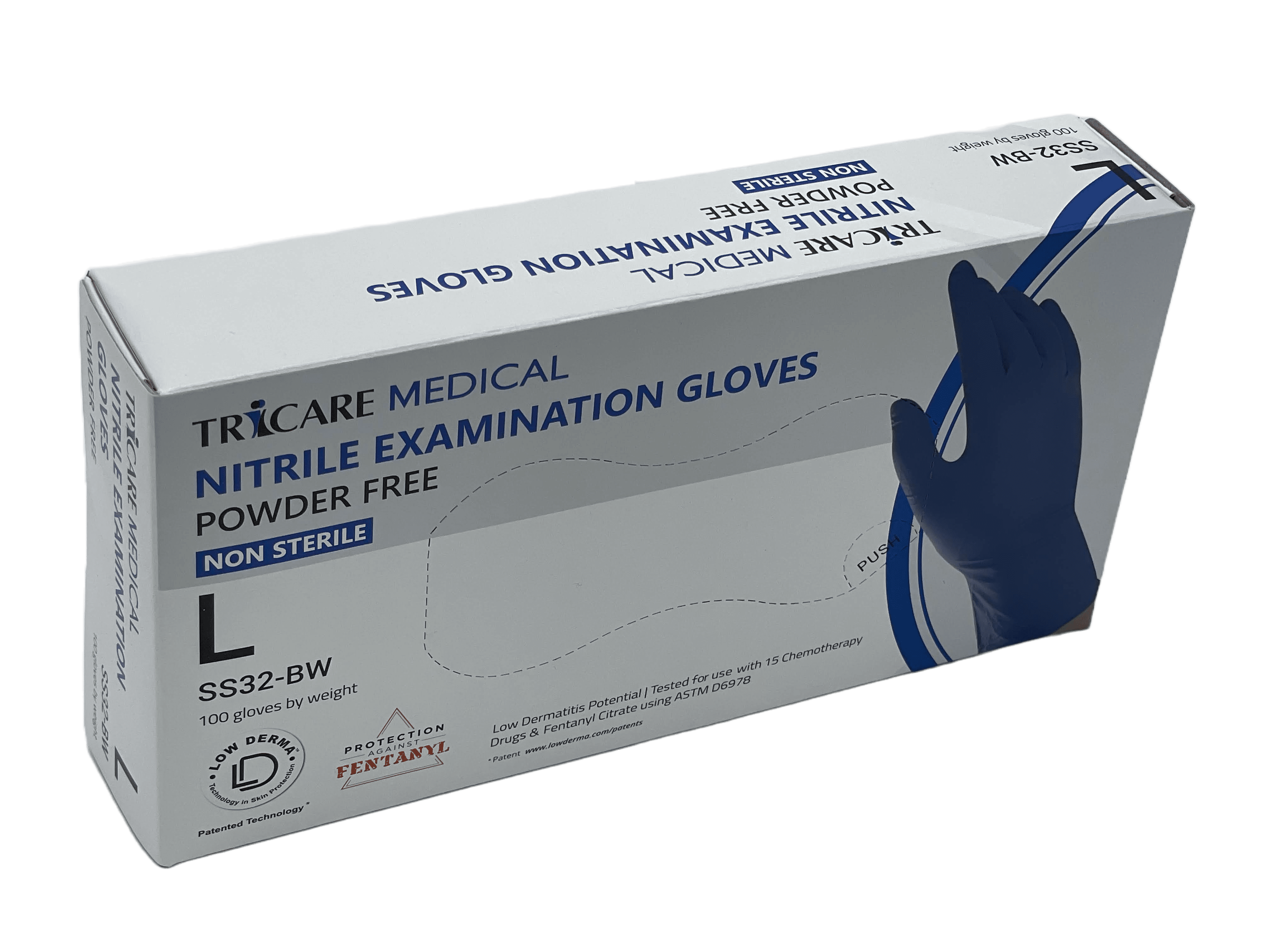 TRICARE MEDICAL, Nitrile Gloves, Low Derma, Chemo Drug Tested, Berry Blue, 3.5Mil, Box of 100, Large