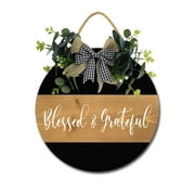 Eveokoki Blessed & Grateful Front Door Sign Funny Wreaths Hanging Wooden Plaque Decoration Round Rustic Wood Farmhouse Porch Decor for Home Front Door Decor, 12 x 12 Inch