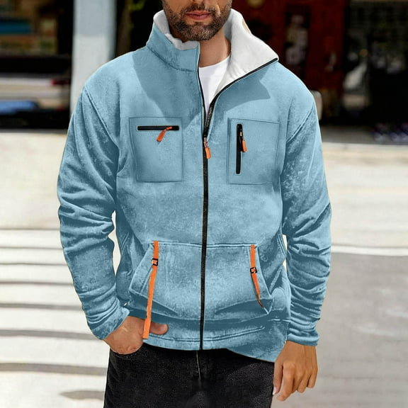 Donemore Men's Thermal Fleece-Lined Stand Collar Jacket with Zippered Pockets, Solid Color Casual Winter Outerwear Long Sleeve Coat