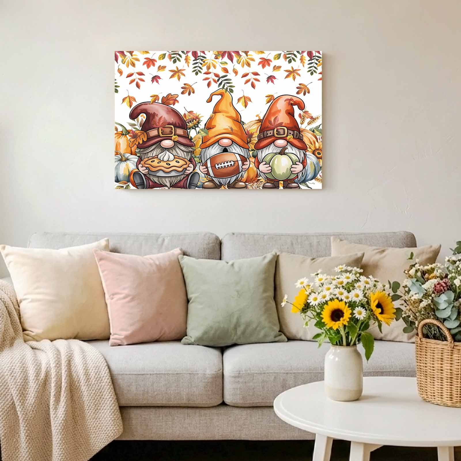 Watercolor Autumn Maple Leaf Framed Canvas Wall Art Print in USA Canvas Pictures Painting Prints Rustic Gnome with Pumpkin Rugby Wall Artwork for Home Office Living Room Bedroom Decor 10 x8