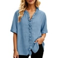 thumbnail image 3 of Craaazy Womens Casual Shirts Loose Fit Solid Color V Neck Ruffle Short Sleeve Button Down Tops for Daily Wear Office, 3 of 4