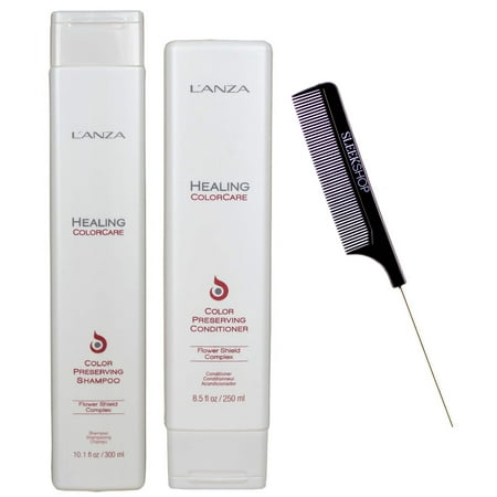 Lanza HEALING ColorCare Color Preserving Shampoo & Conditioner with Flower Shield DUO SET (w/ Sleek Comb) Color Care SULFATE-FREE (10.1 oz + 8.5 oz - ORIGINAL SIZE KIT)