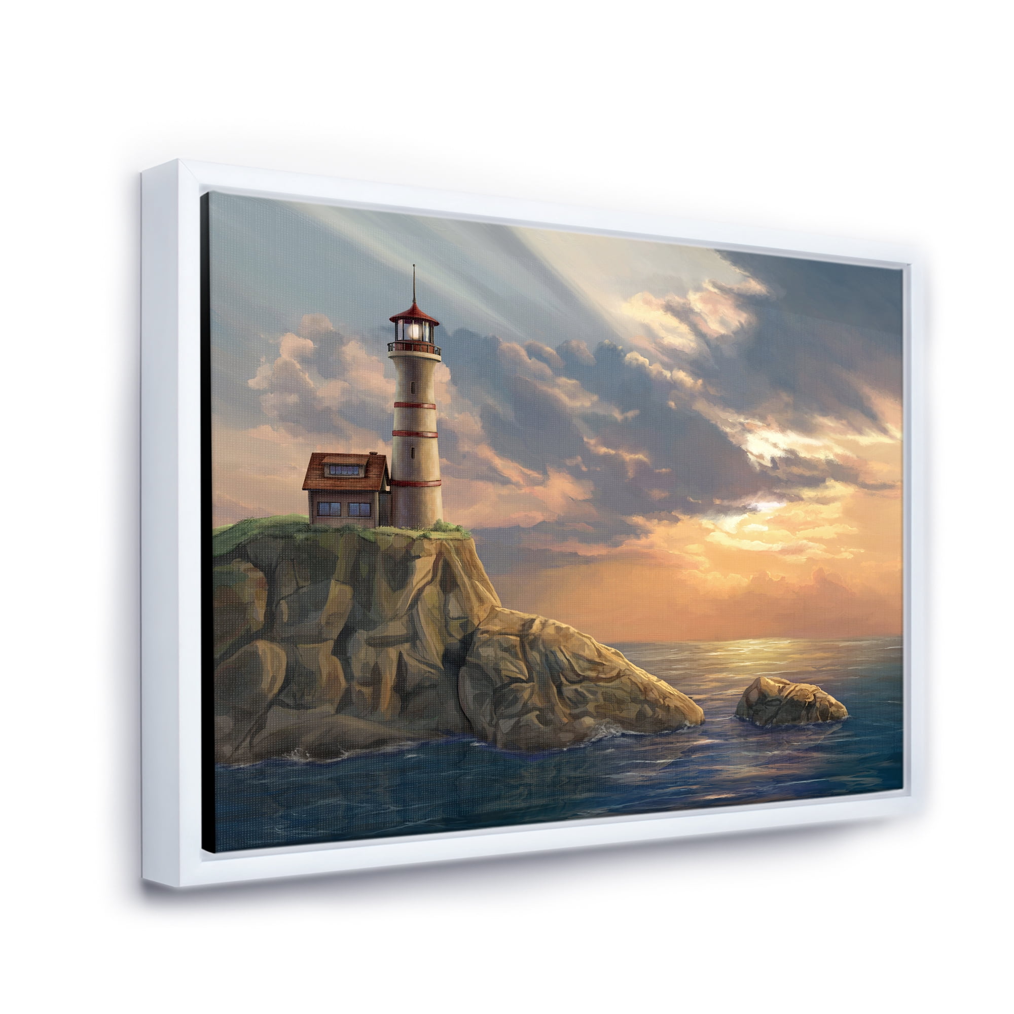 Lighthouse On A Rocky Coastal Cliff At Evening Light 32 in x 24 in Framed Painting Canvas Art Print, by Designart