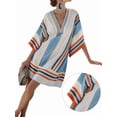 thumbnail image 2 of Women Beach Boho Color Block Swing Flowy Mini Dress Half Sleeve V Neck Side Slit Short Dress Blue Orange Stripe XL, 2 of 5