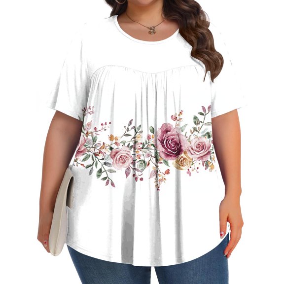 Yotami Plus Size Womens T-Shirt Ruffled Summer Floral Graphic T-Shirt for Weekend Short Sleeve Crew Neck Loose Fit Tee White L