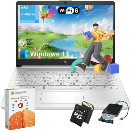 HP Student Business Laptop Computer - w/1 Year Office 365, 16GB RAM, 128GB UFS & 256GB Extend Micro SD & 1TB Cloud, Intel 4-Core Processor, HD Display, Windows 11 Pro(Silver)
