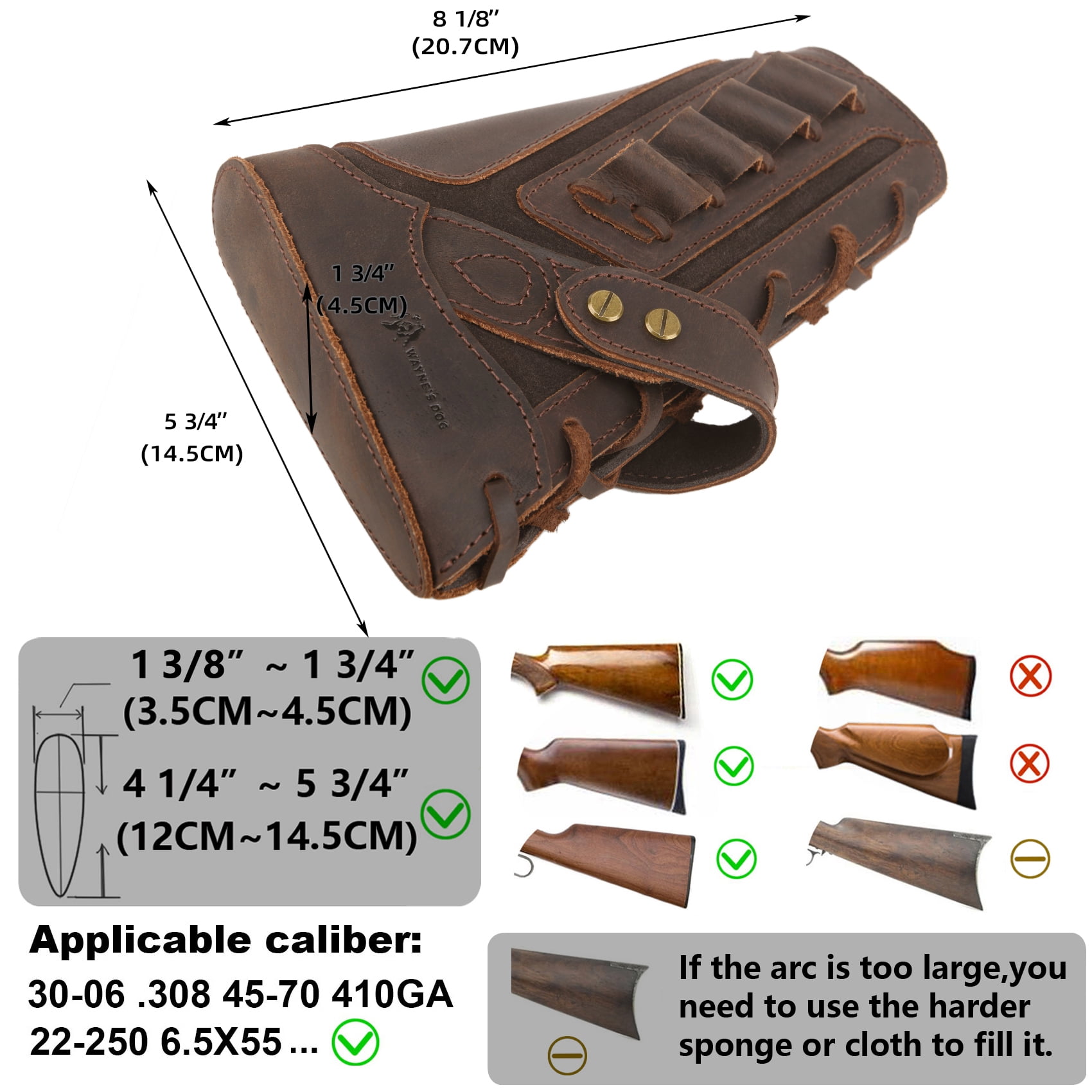 WAYNE'S DOG No-Drill Leather Rifle Buttstock Gun Cheek Rest for .308 .30-06 .45-70 .44MAG