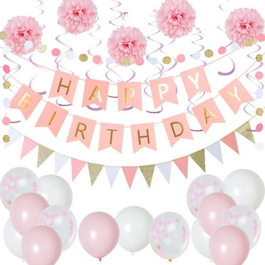 Easy Joy 37pcs Pink Party Decorations Happy Birthday Hanging Banner Balloons Paper Pompoms Party Supplies for Girls Women Birthday Decoration