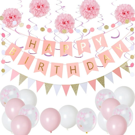 Easy Joy Pink Party Decorations Set with Banner, Balloons, Pompoms & Hanging Supplies for Girls & Women (37 Pieces)