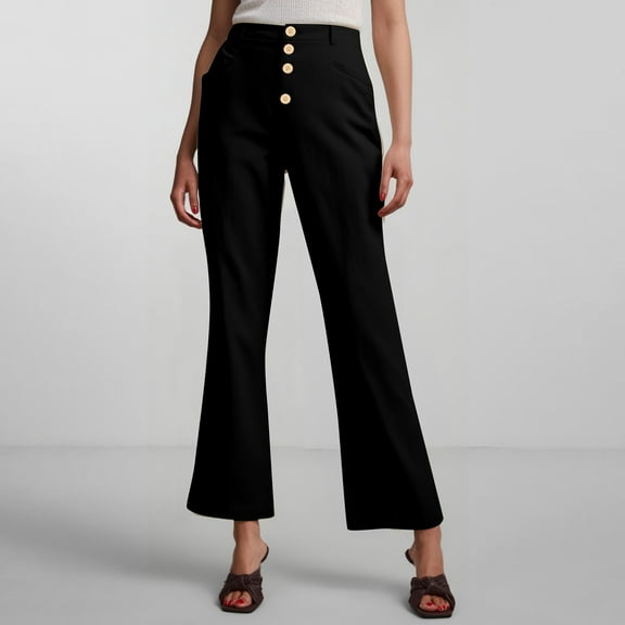 Women's Plus Black Dress Pants Women Petite Short Stretchy Women's High Waist Pants Wide Leg Baggy Casual Button down Loose Straight Nine Points Trousers with Pockets