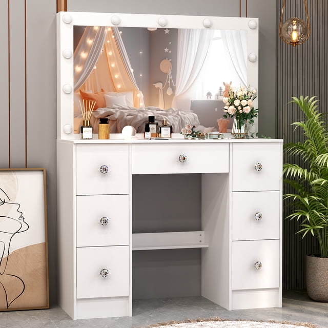 Tocador Hollywood con Espejo LED XL 11 Luces, 7 Cajones Cristal - Blanco Cálido 100x40x140 cm