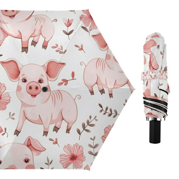 Cute Pig with Flower Compact Sun Umbrella Windproof Travel Umbrellas for Rain Strong Portable UV Protection