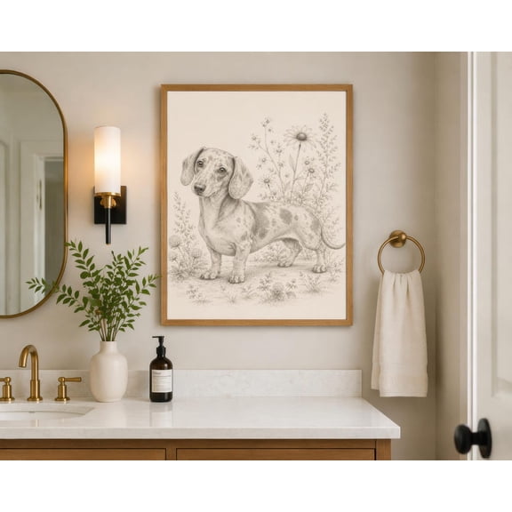 Vintage Dachshund Pencil Sketch Wiener Dog Floral Wall Art Neutral Farmhouse Decor