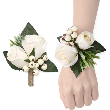 

Wrist Corsage Wristlet and Men Boutonniere Set Bridesmaid Wedding Party Prom Hand Flower Decor(2Pcs Ivory Set)